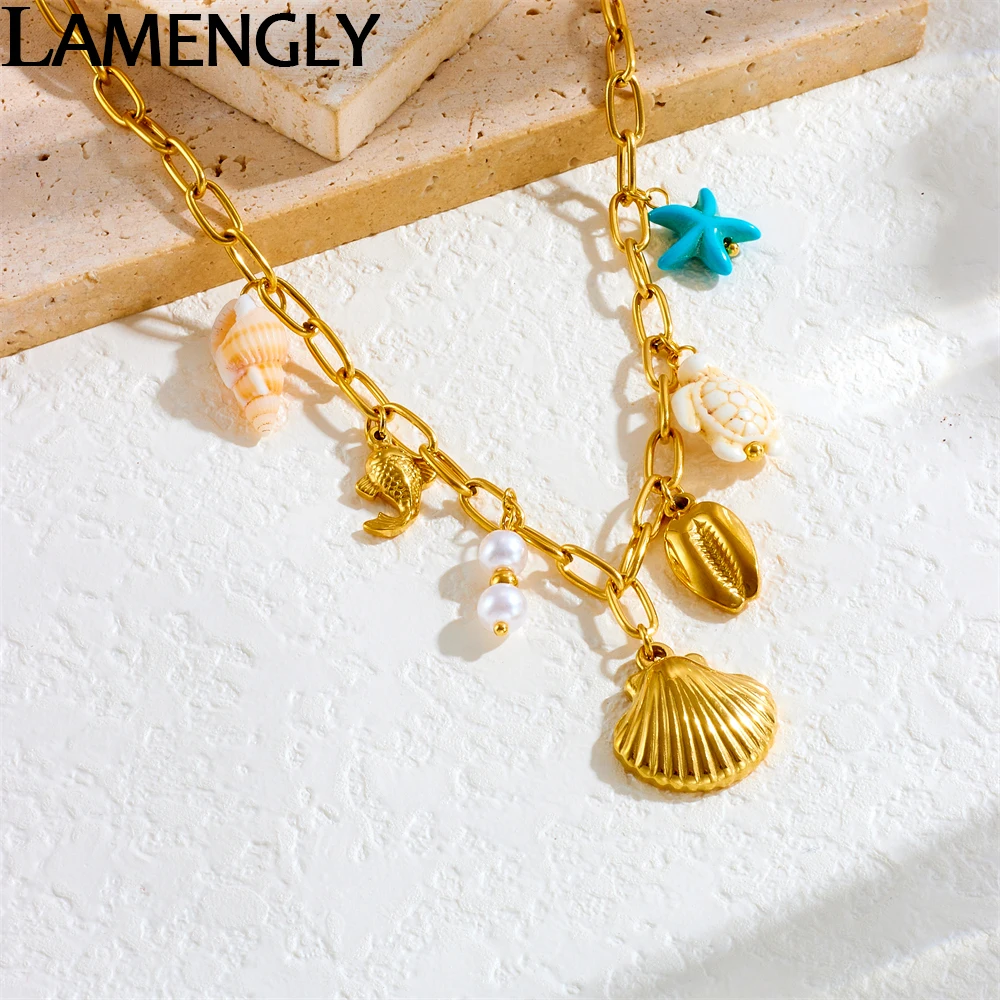 LAMENGLY316L Stainless Steel Ocean Style Shell Sea Turtle Starfish Conch Pendant Necklace For Women Dopamine Clavicle Chain Gift