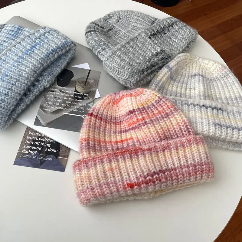 

OMEA Woolen Winter Hats Women Knitted Gradient Color Striped Hairy Fashion Warm Hat Colorful Dots Beanies Winter Accessories