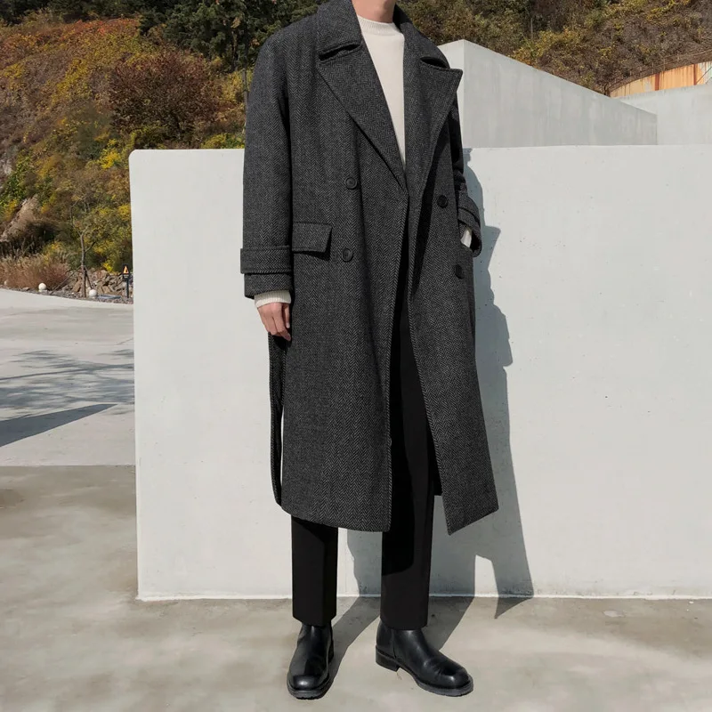 Winter Thickened Wool Coat Men's Korean Version Over Knee Mid Length Windbreaker Loose Herringbone Fabric Coat Fashion