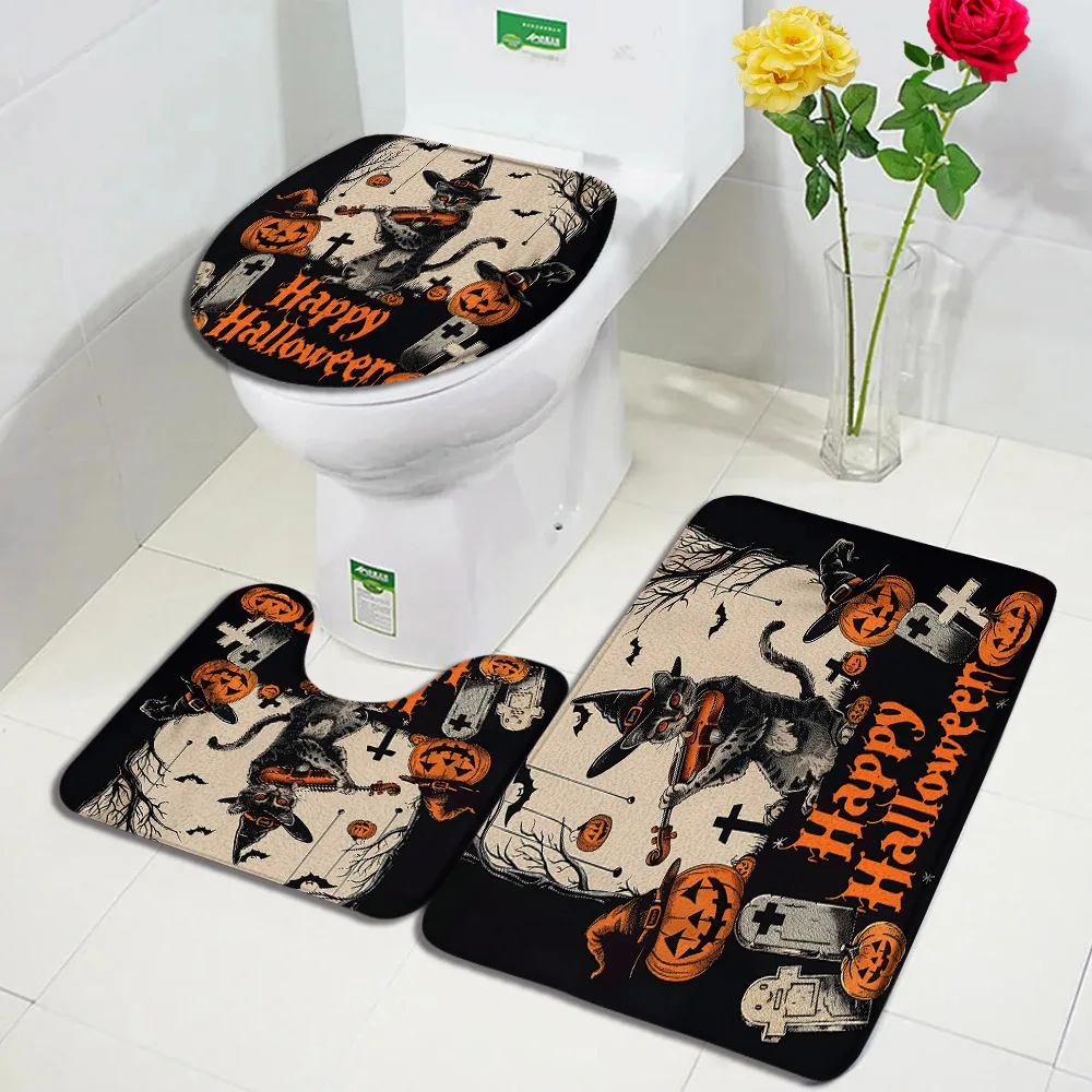 Happy Halloween Bath Mat Set Funny Cat Pumpkin Light Grave Tombstone Bat Vintage Home Carpet Bathroom Decor Rug Toilet Lid Cover