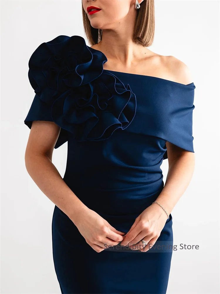 Pleated Mother of the Bride Dresses with Flower Cap Sleeve Elegant Midi Formal Dress for Women Party Navy Long Evening Gowns