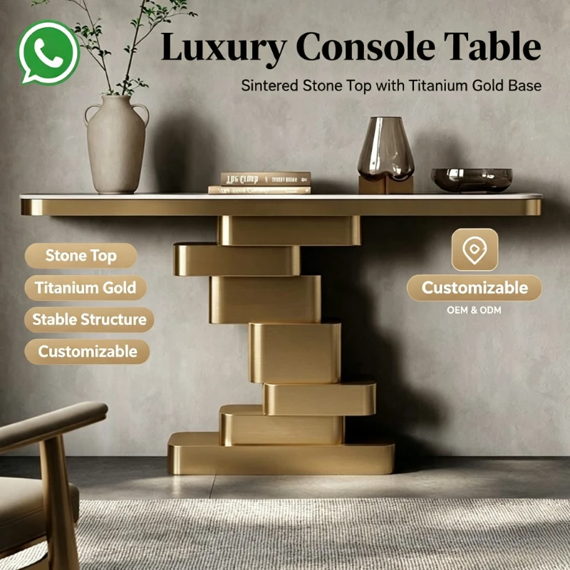 Luxury Titanium Gold Console Table, Sintered Stone Top Entryway Accent Table, Art Stacked Design Hallway Home Furniture