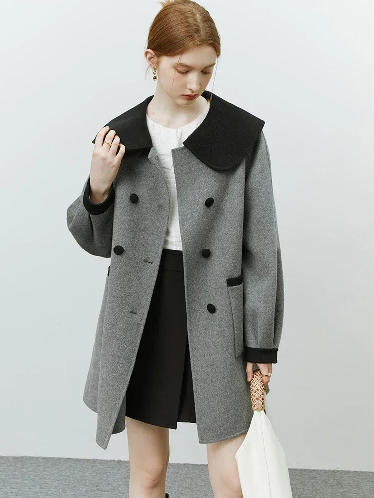 FSLE Contrasting Color Navy Collar Double-sided Woolen Coat Women Autumn Winter New Vintage Female Mid-length 100% Wool Coats