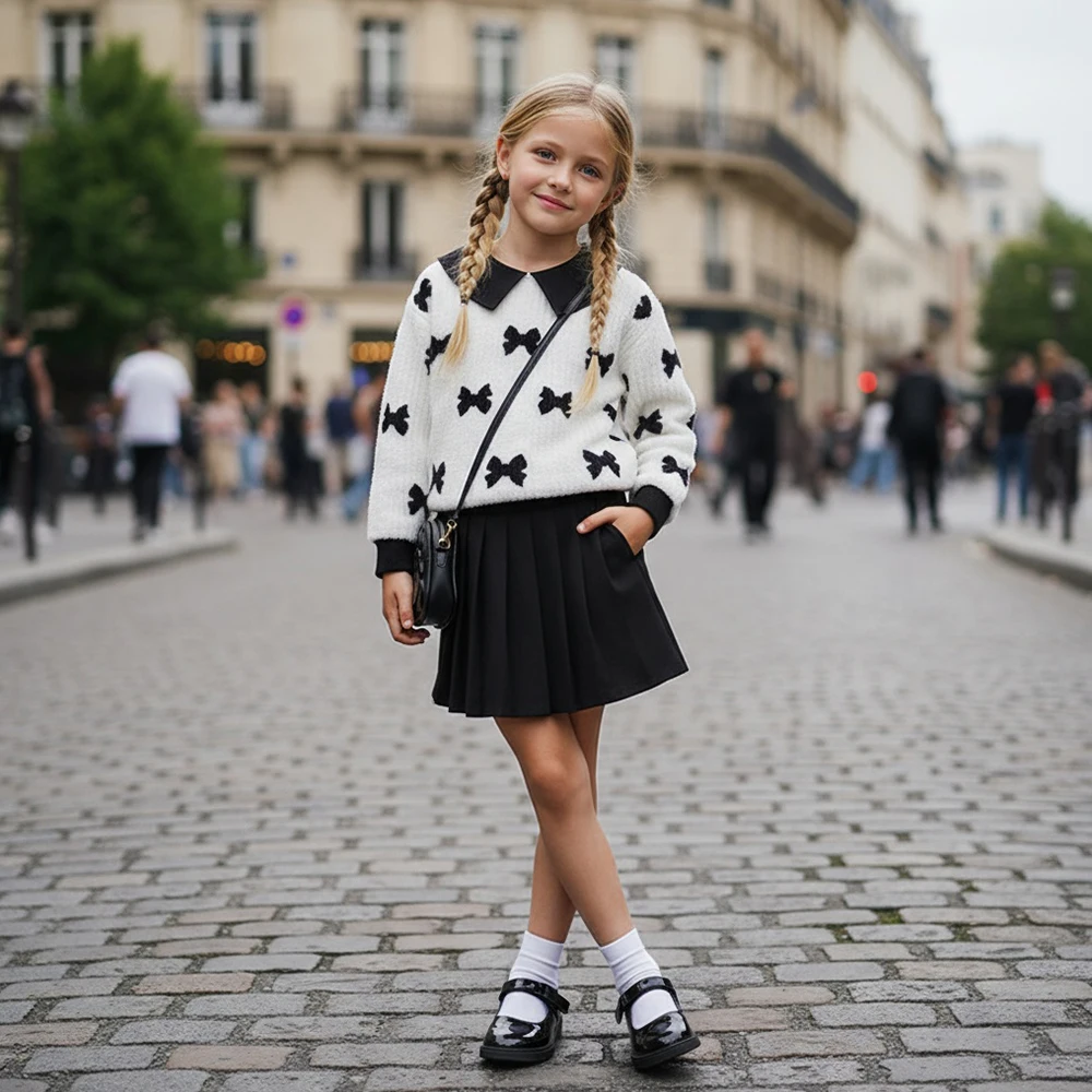 

2Pcs Girls Autumn Winter Clothes Set Flannel Lapel Bow-Knot Sweatshirt Top + Pleated Mini Skirt Dress, Fashion Outfit, 4-7 Y