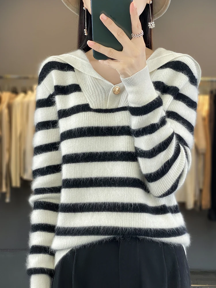 

Women's Striped Preppy Style Sailor Collar Pullover Sweater Spring Autumn 100% Merino Wool Knitwear Casual Soft Jumper Korean