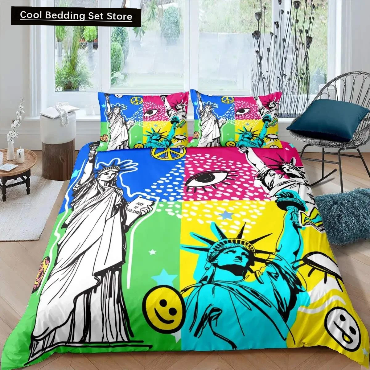 

Statue of Liberty Duvet Cover Hip Hop Full Size Peace Sign Love Heart Bedding Set American Eyes Colorful Polyester Quilt Cover