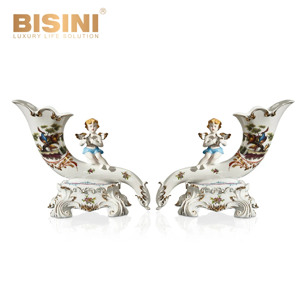 Upscale French Baroque Style Decorative Porcelain Cherub Figurine Horn for Home Decor Double Blue Trumpets Tabletop Ornament
