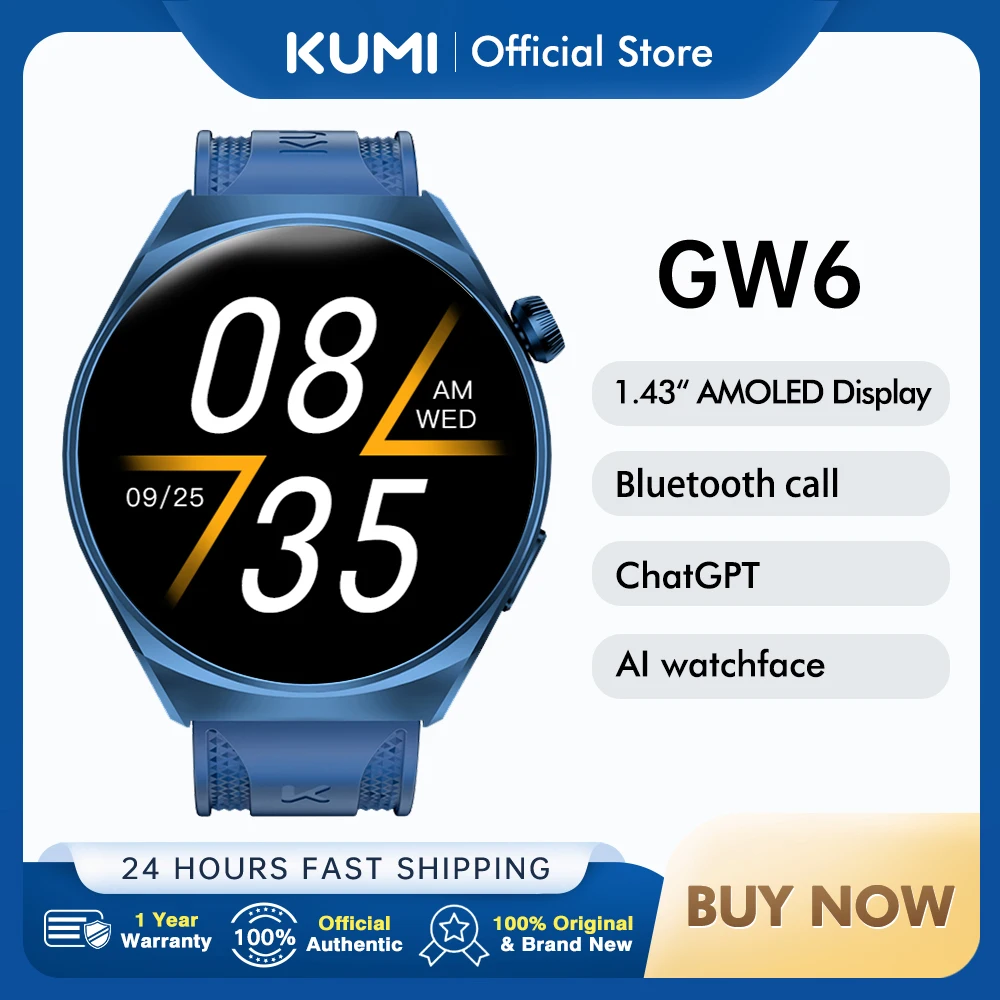 

Смарт-часы KUMI GW6 с AMOLED экраном 1,43 дюйма, Bluetooth, IP68, измерением пульса и давления