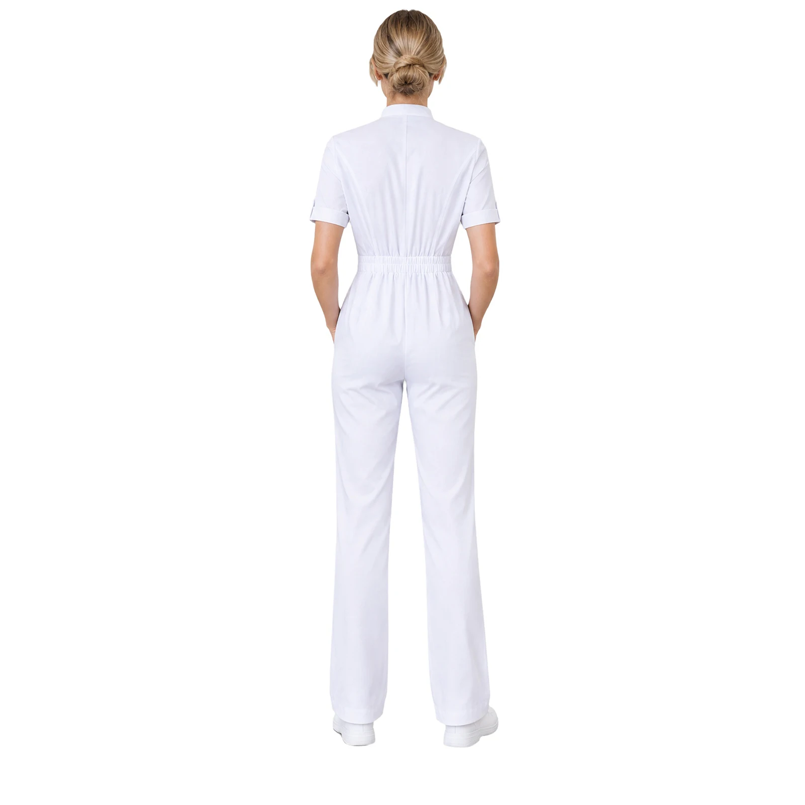 Women Medical Nursing Jumpsuit Scrubs Rompers Stand Collar Short Sleeve Zip Front Waistband Pockets Hospital Doctor Workwear