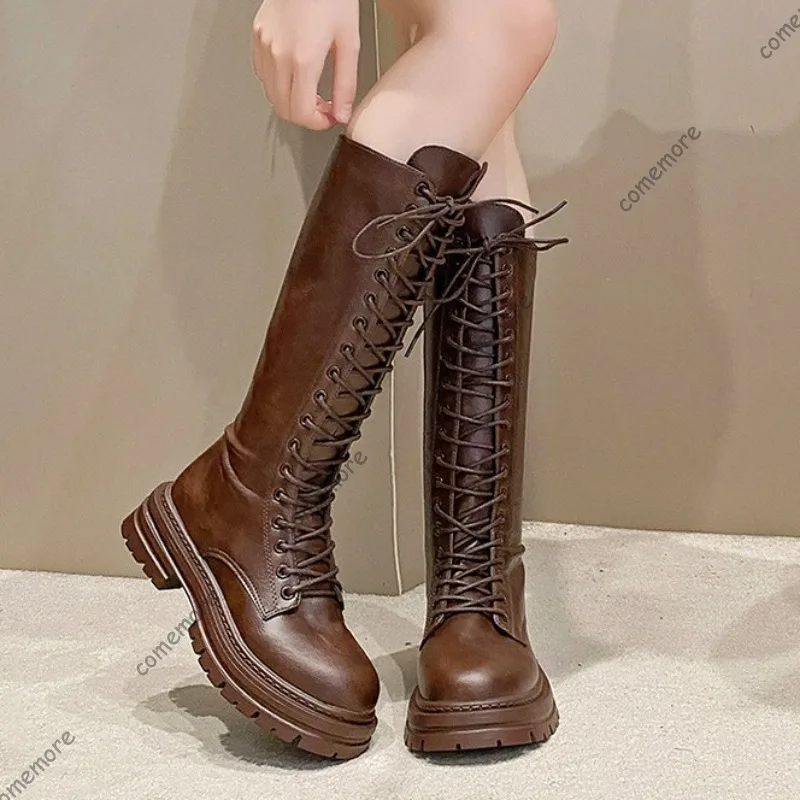 Comemore Knee High Boots Women Utumn Chunky Platform Side Zip Leather Wonen's Shoes Thick Heeled Long Knight Botas Femininas