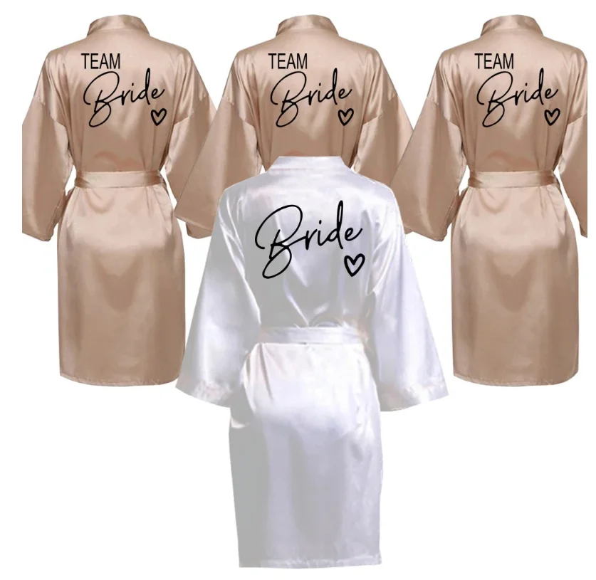 Wedding Party Team Bride Robe With Black Letters Kimono Satin Pajamas Bridesmaid Bathrobe SP003