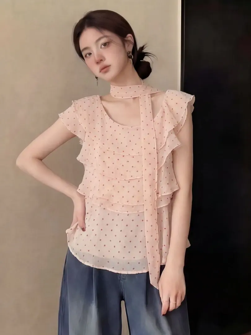 

Chic Summer Polka Dot Chiffon Blouse Women's Fairy-like Flutter Sleeve Neck Hanging Bow Tie Waist-cinching Shoulder-baring Shirt