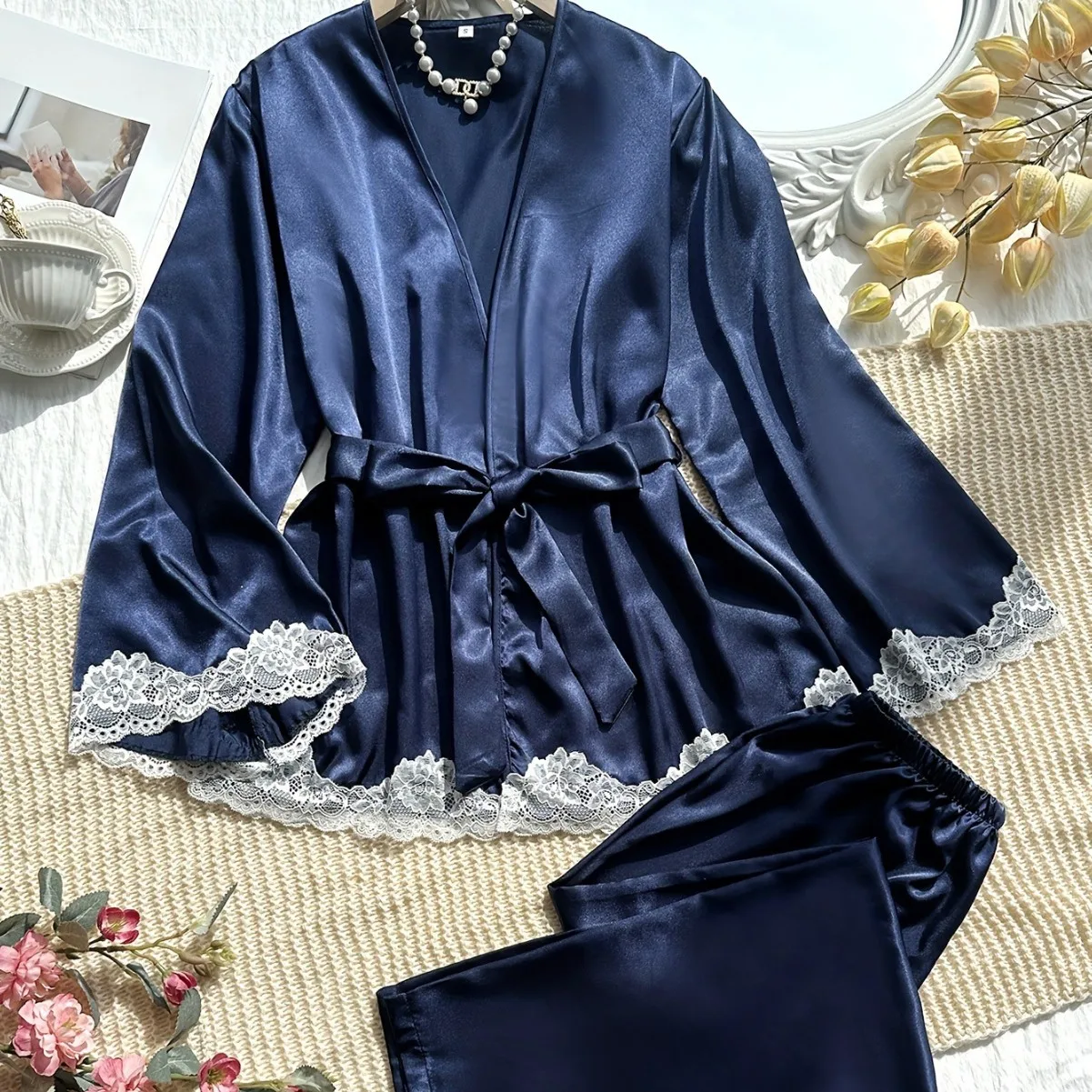

Sexy Pajamas, Long Sleeves, Comfortable Solid Color, Ice Silk Satin, Lace Imitation Silk Outer Robe, Home Wear