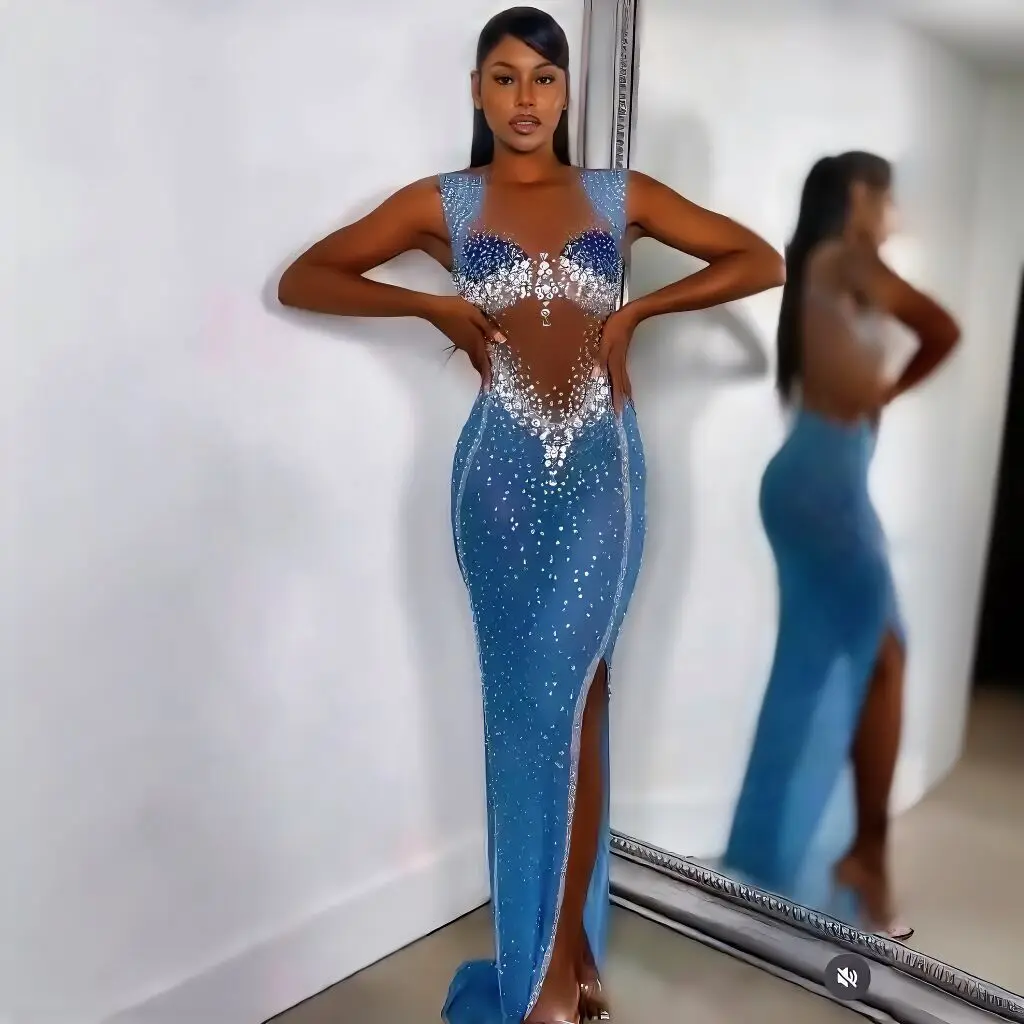 2024 neue Frühling Frauen ärmellose sexy Mesh Shinn ing Strass Bodycon langes Kleid elegante Abend party Performance-Kostüme