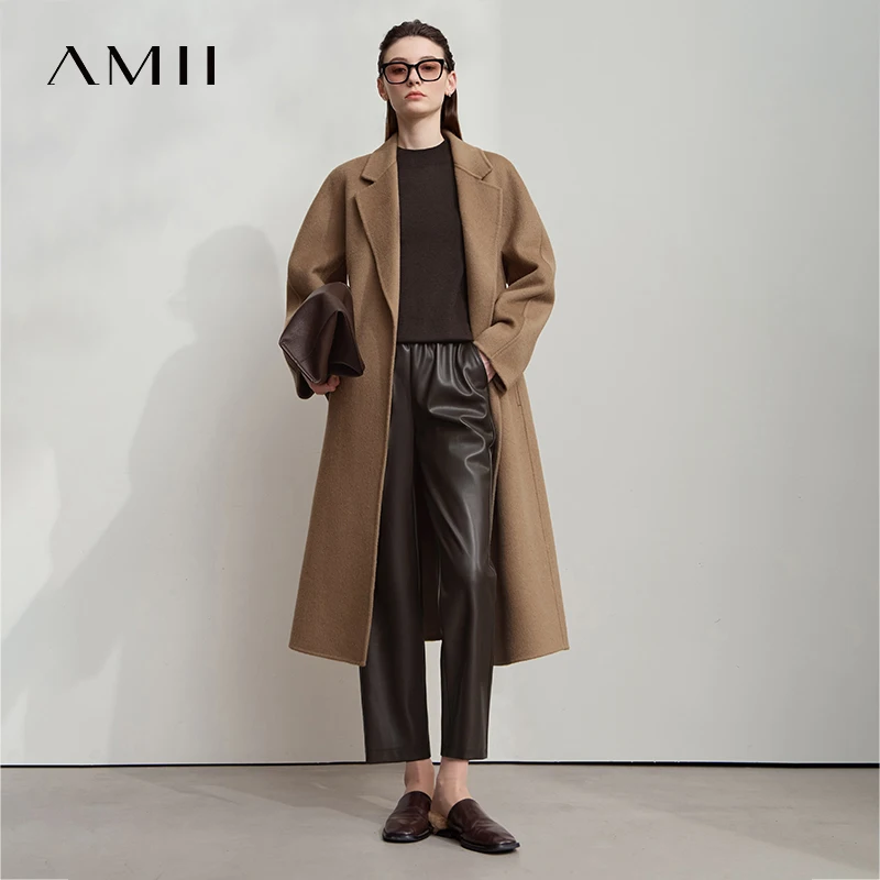 

AMII Minimalist Leather Pants 2025 Winter Streetwear Straight Black Pants Pocket Casual Ankle-Length Woman Trousers 12523102