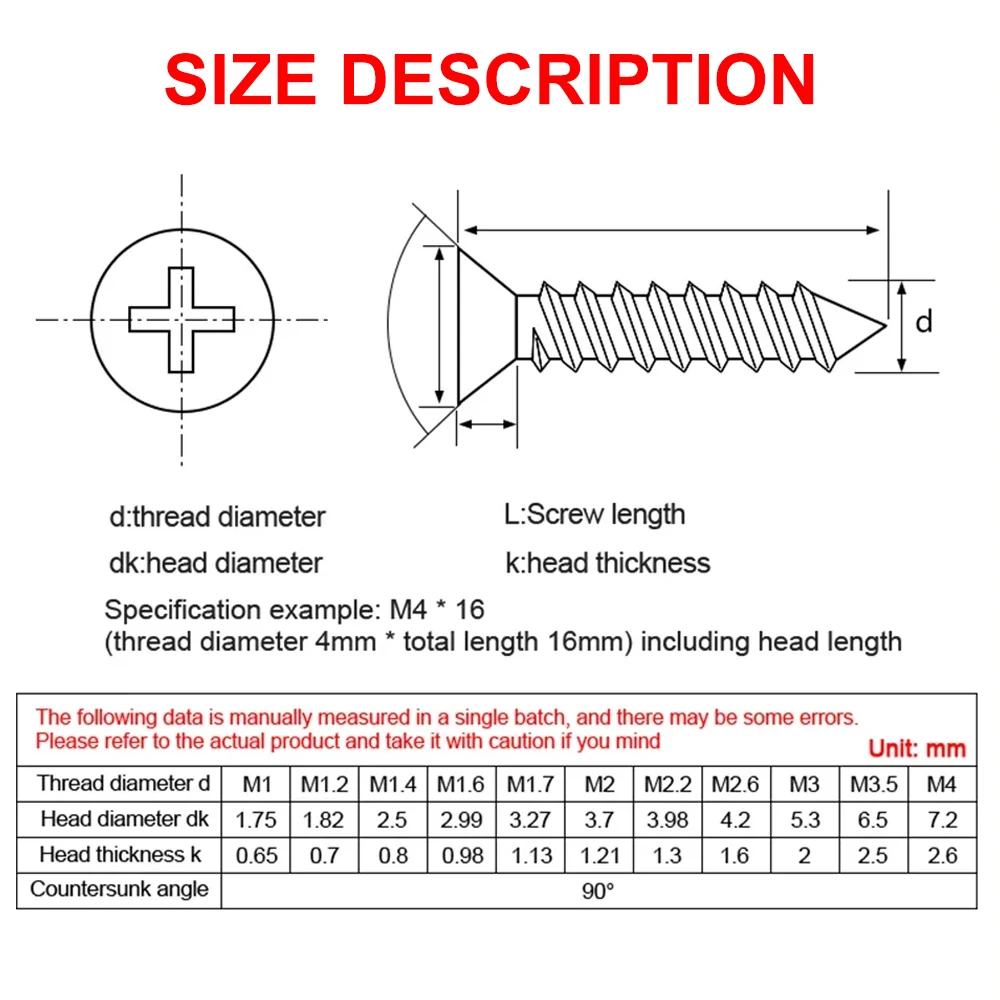 304 Stainless Steel Self-tapping Screws M1.2-M8 Flat Head Recessed Countersunk Bolts Woodworking Phillips Furniture Wood Screw