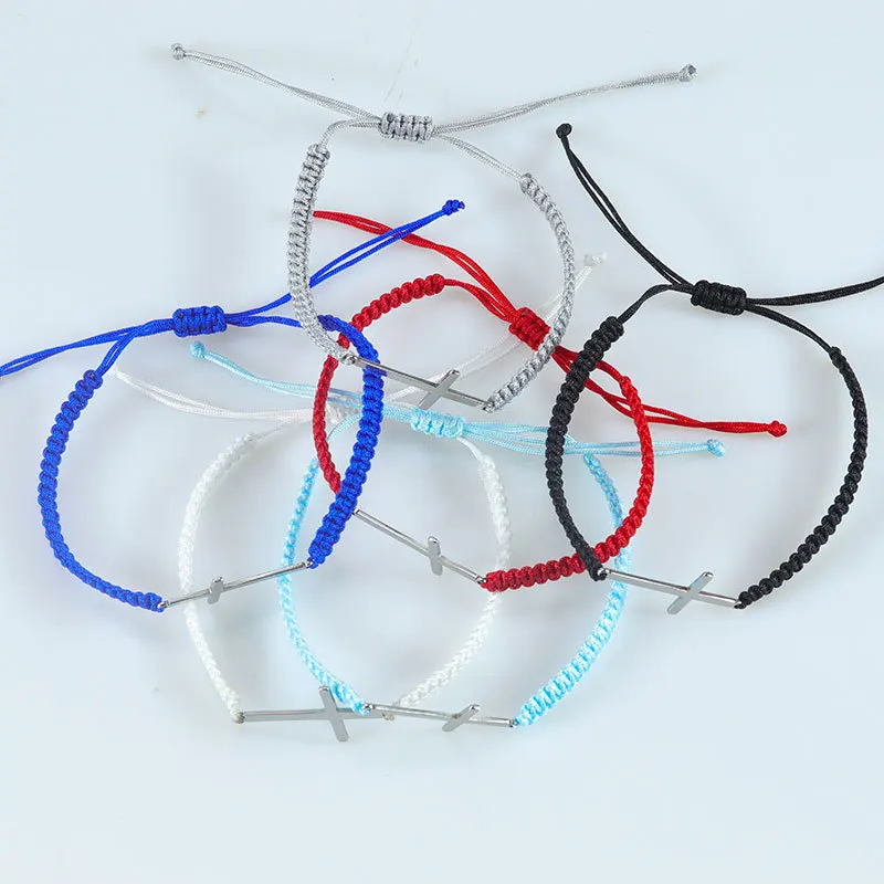 Meetvii Hand Woven Rope Cross Charm Bracelet Adjustable Safety Buckle Bangles Fashion Blessing Wristbands  Friendship Jewelry
