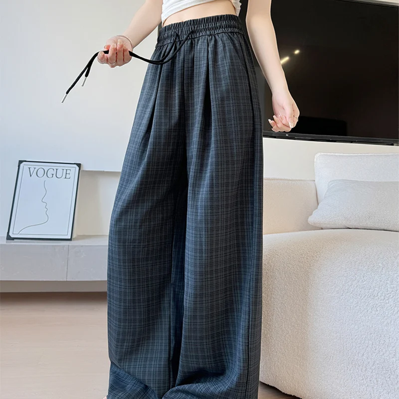 

Классические плиссированные брюки в клетку для женщин, весна-осень 202, брюки с высокой талией на шнуровке, женские повседневные широкие брюки, женские