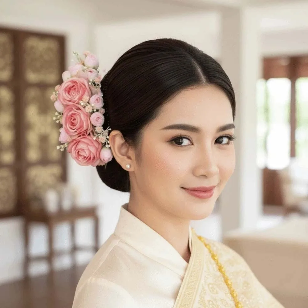 

Элегантная заколка для волос с милыми цветами, головной убор с розами и цветочным принтом, расческа для волос в тайском стиле, тканевый шиньон, заколки для волос, фестиваль брызг воды