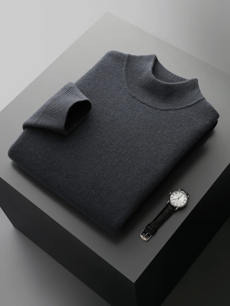 

TLOML Men's 100% Merino Wool Knitwear Mock Neck Air Layer Pullover Sweater Autumn Winter Basic Thicken Soft Cashmere Sweater Top