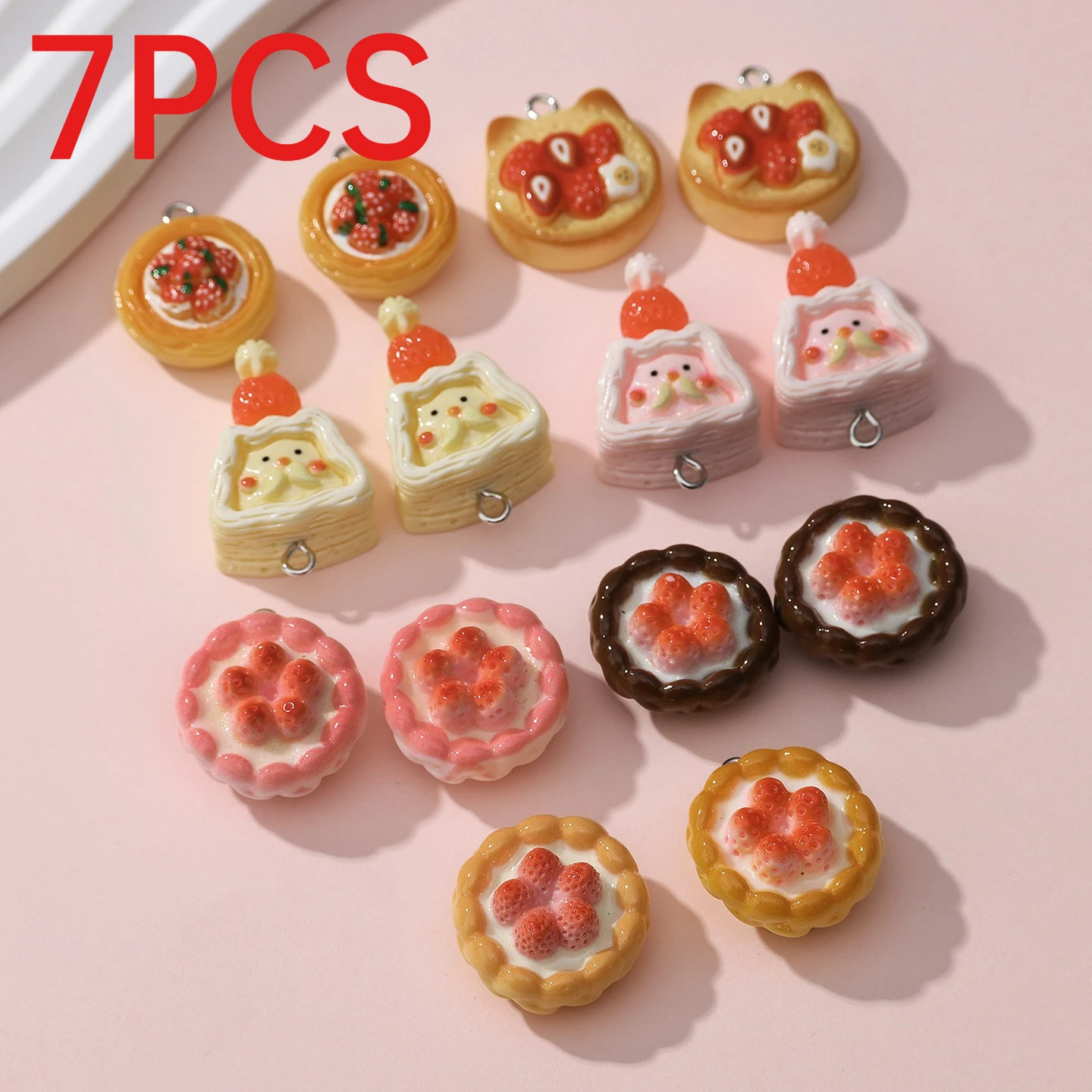 7Pcs Simulation Strawberry Cake Resin Charms DIY Earrings Zipper Pull Pendants Jewelry Making Accessories Supplies