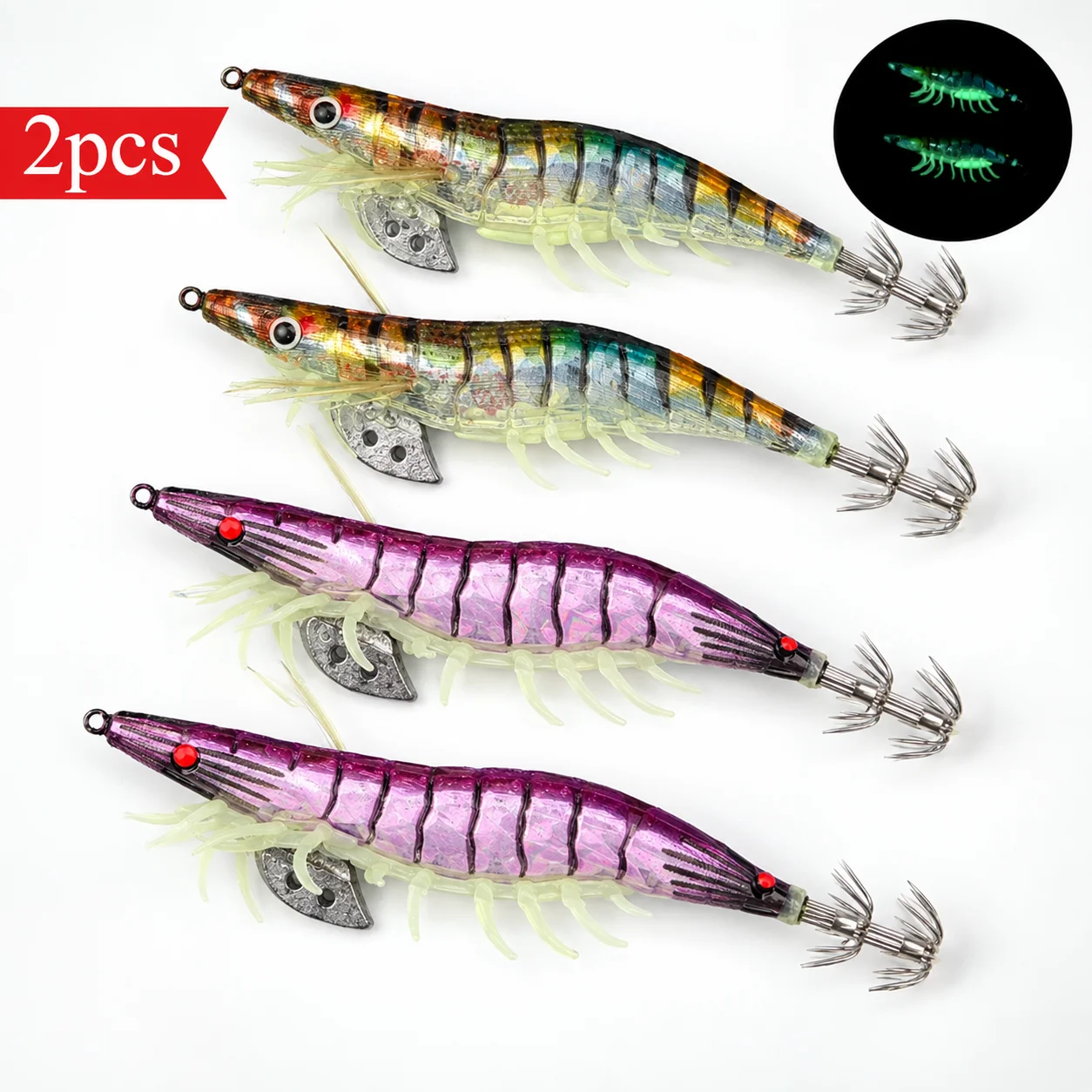 2pcs/set Glow Squid Jigs Set 13cm Simulation Shrimp Fishing Lure 3.5# Wood Shrimp Jig Lure Saltwater Cuttlefish Octopus Tackle