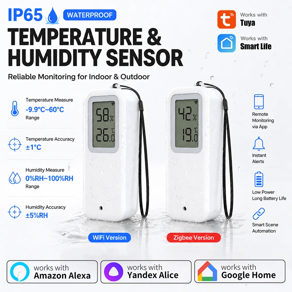 

Smart Life Tuya WiFi/Zigbee Temperature & Humidity Sensor, IP65 Waterproof LCD Display, Works with Alexa/Google, Indoor/Outdoor