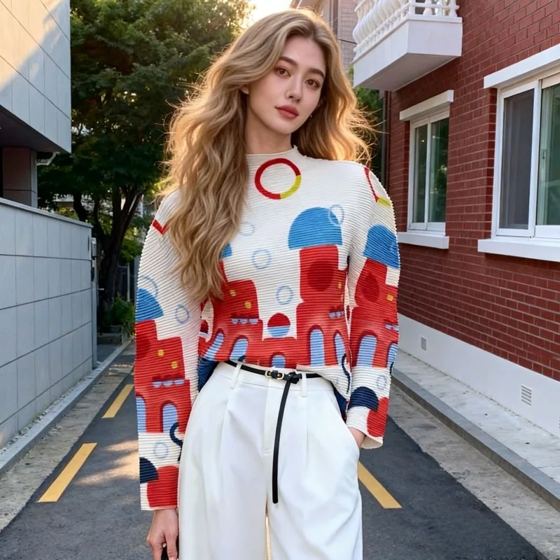 

Pleated Women's T-shirt Miyake 2026 New Slim and Thin Versatile Bottoming Shirt Long-sleeved Pullover Commuter Thin Stretch Top