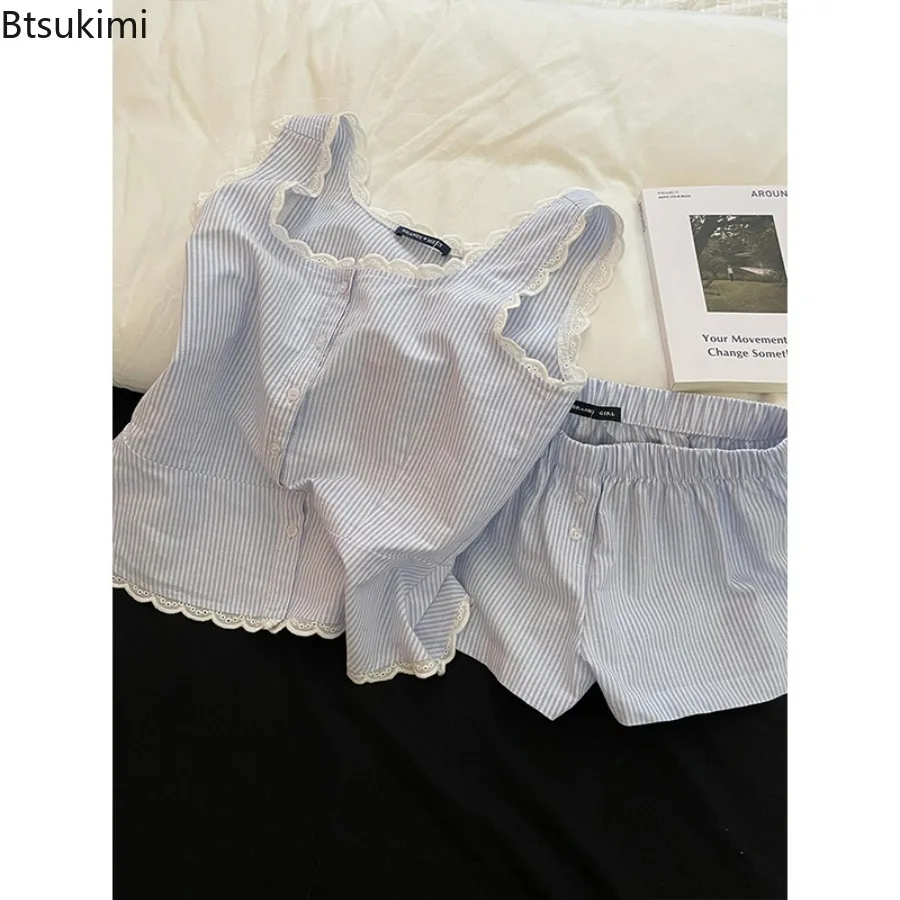 Women's Fashion Lace Striped Pajamas Blue Suit Sleeveless Nightwear Single Breasted Pajamas and Shorts Two Piece Set for Women