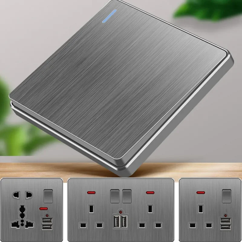 Duża płytka uchylna w stylu nordyckim szara 13A Brytyjskie standardowe gniazdo przełącznika elektrycznego, uniwersalne podwójne gniazdo ścienne z portem USB 2.1A