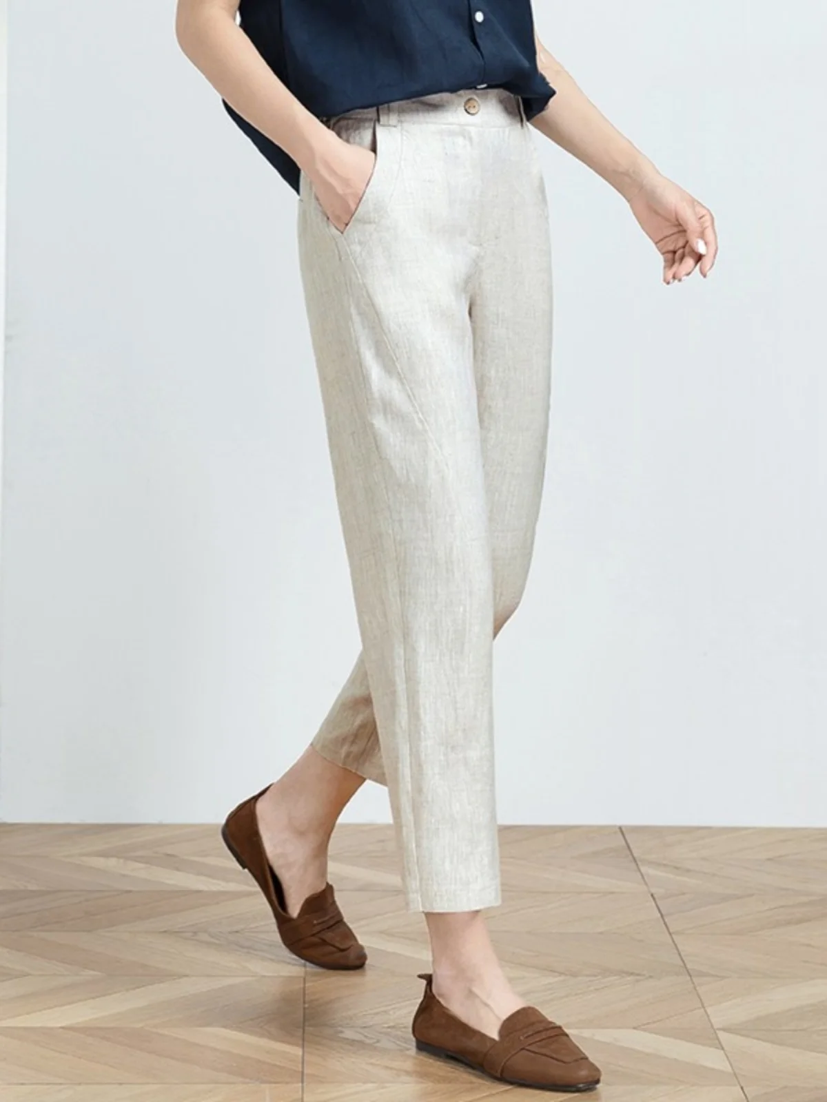 

Женские летние новые повседневные брюки-шаровары из хлопка и льна с высокой талией, белые, укороченные, для полных женщин