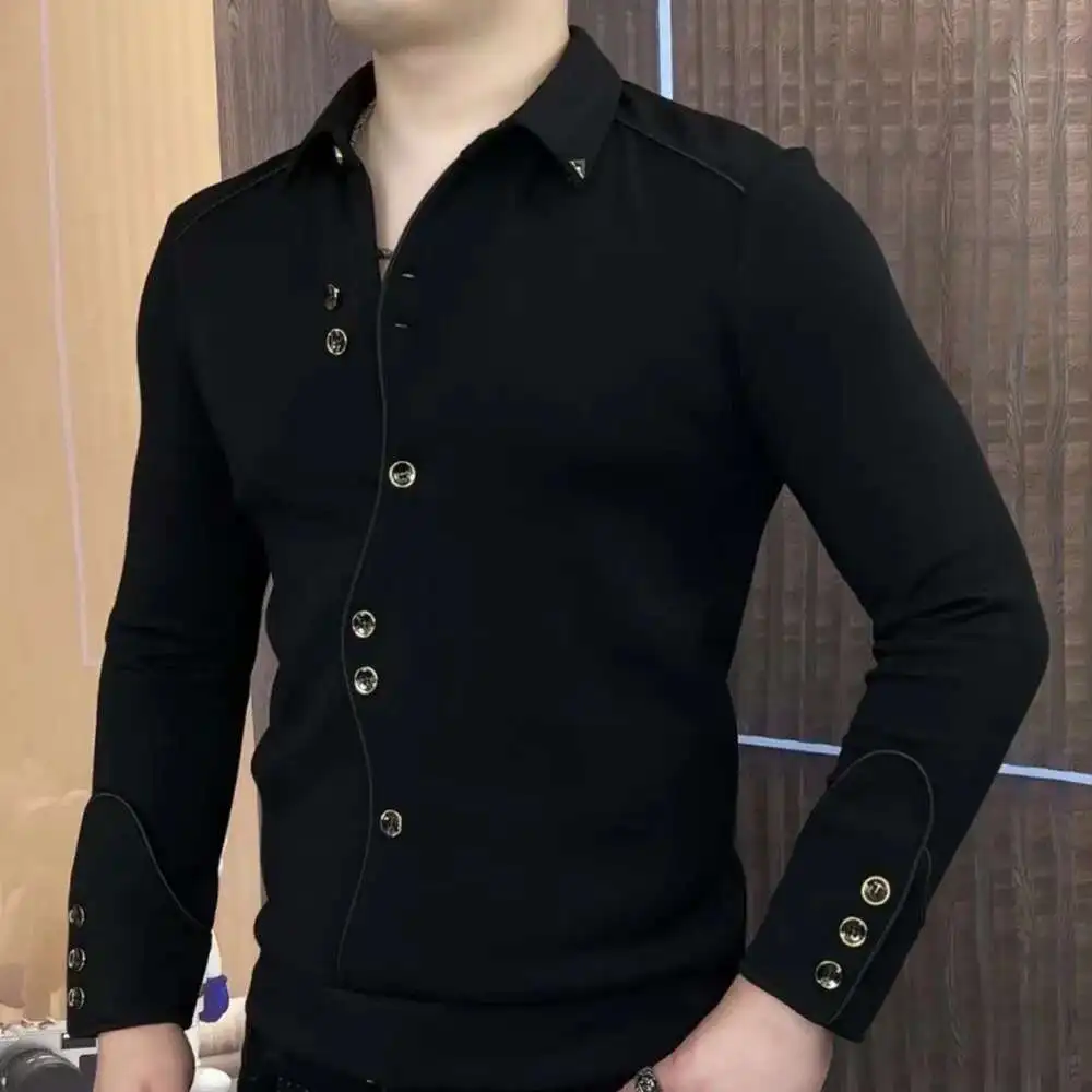 Button Decoration Mens Casual Shirts Solid Color Dress Shirt Mens Casual Shirt Streetwear Italy Social Men Clothing Slim Shirt