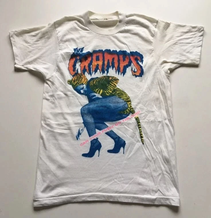 

Reprint The Cramps Band Белая футболка в стиле ретро из плотного хлопка Модная американская уличная футболка с коротким рукавом для мужчин и женщин