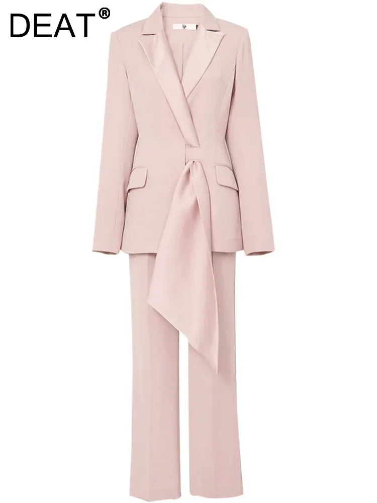 DEAT Women Pants Suit Pink Lapel Belt Pockets Slim Top + Straight 	 Ankle Length Pants Elegant 2024 New Autumn Fashion 15AB678