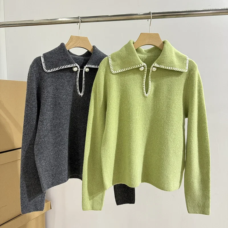 

Женский Повседневный кашемировый свитер, Свободный пуловер с жемчужными пуговицами и отворотами, Осень-зима 2024