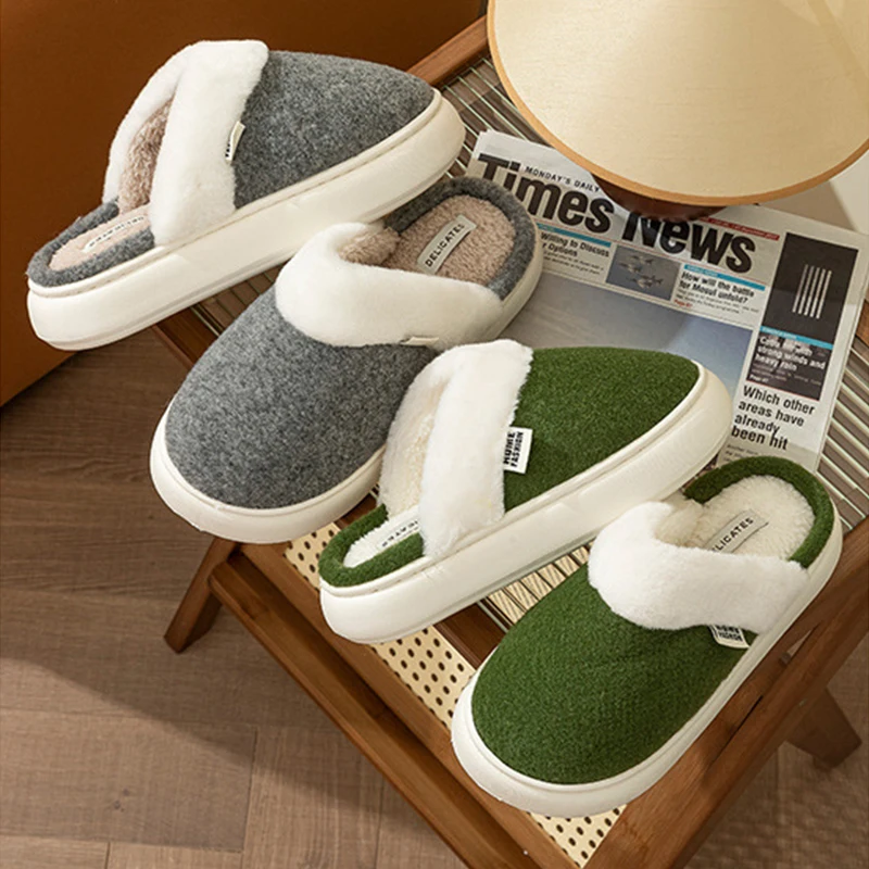 Winter Home Thick Bottom Plush Warm Cotton Slides Simple Comfort Soft Non Slip Couple Slippers Indoor Faux Suede Floor Slippers