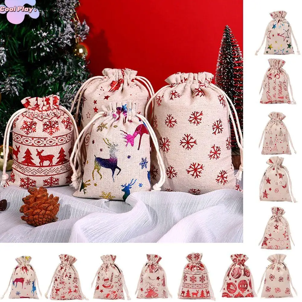 10Pcs Linen Christmas Candy Cotton Bag Santa Claus Snowflake Christmas Bronzing Gift Bag Elk Hot Gold Christmas Gift Bag Party