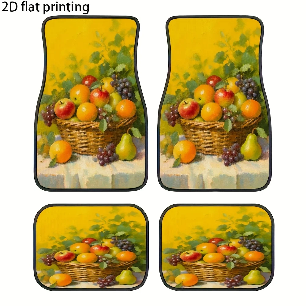 4pcs Car Floor Mats, Yellow Background Fruit Basket Pattern, Material, Universal Vehicle Ground Mat, Washable, Auto Decoration A
