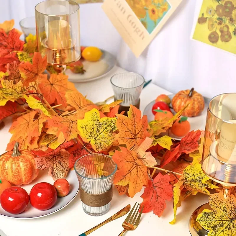 Fall Artificial Maple Leaf Garland Red Orange Hanging Vine Autumn Thanksgiving Decor For Front Door Wall Table Centerpiece
