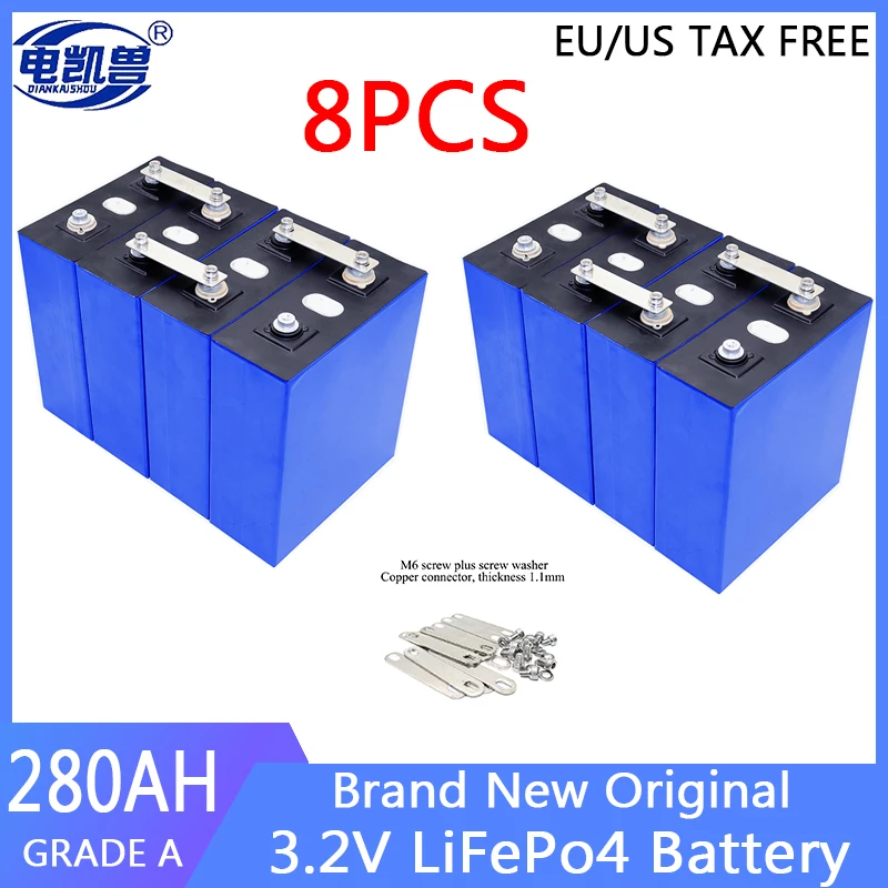 8pcs High-quality LiFePO4 3.2V 280Ah Grade A Battery Cell For DIY 12V 24V 48V RV Golf Cart Marine Solar System EU/US TAX FREE