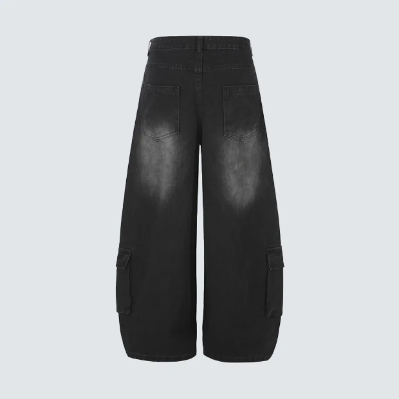MWJLPWQ Washed Distressed Multi-Pocket Jeans Men's American Retro Wide-Leg Cargo Pants High Street Casual Trousers Unisex 20423