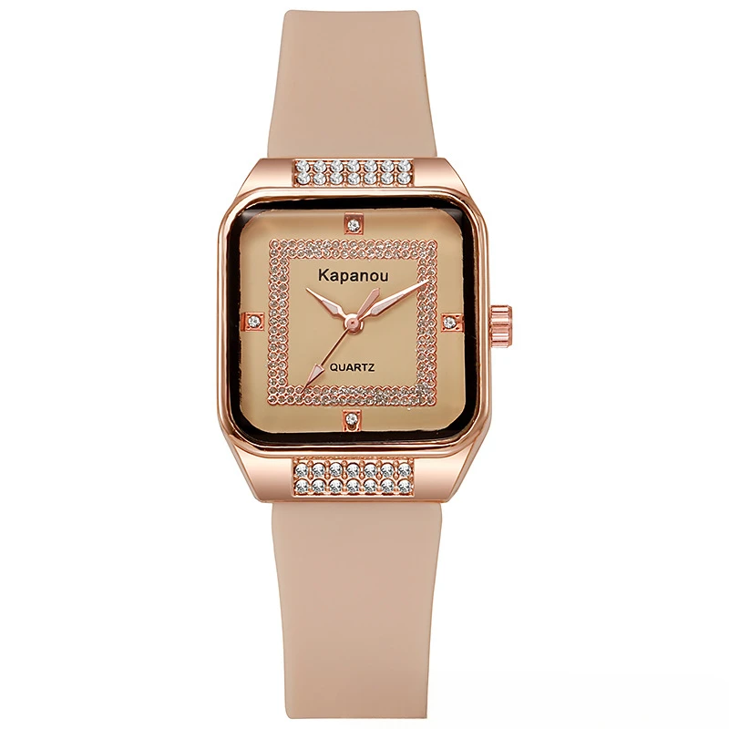 ساعة نسائية عصرية ذات هيكل مربع مع ساعة كوارتز من السيليكون مرصعة بالألماس