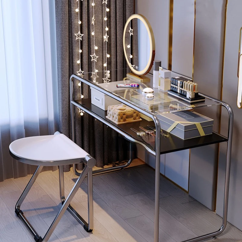 Stainless Steel Makeup Table Glass Desk Light Luxury Dressing Table Modern Desk