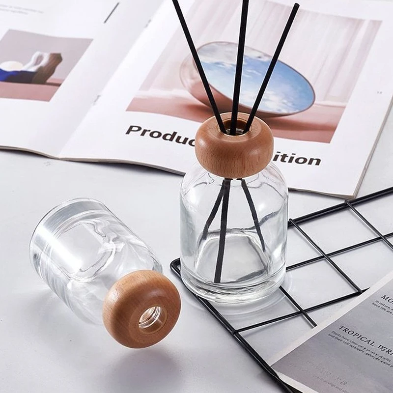 Glass Diffuser Bottle with Wooden Cap - 100ML 150ML Refillable Aromatherapy Container Empty Perfume Bottle for Home Decoration