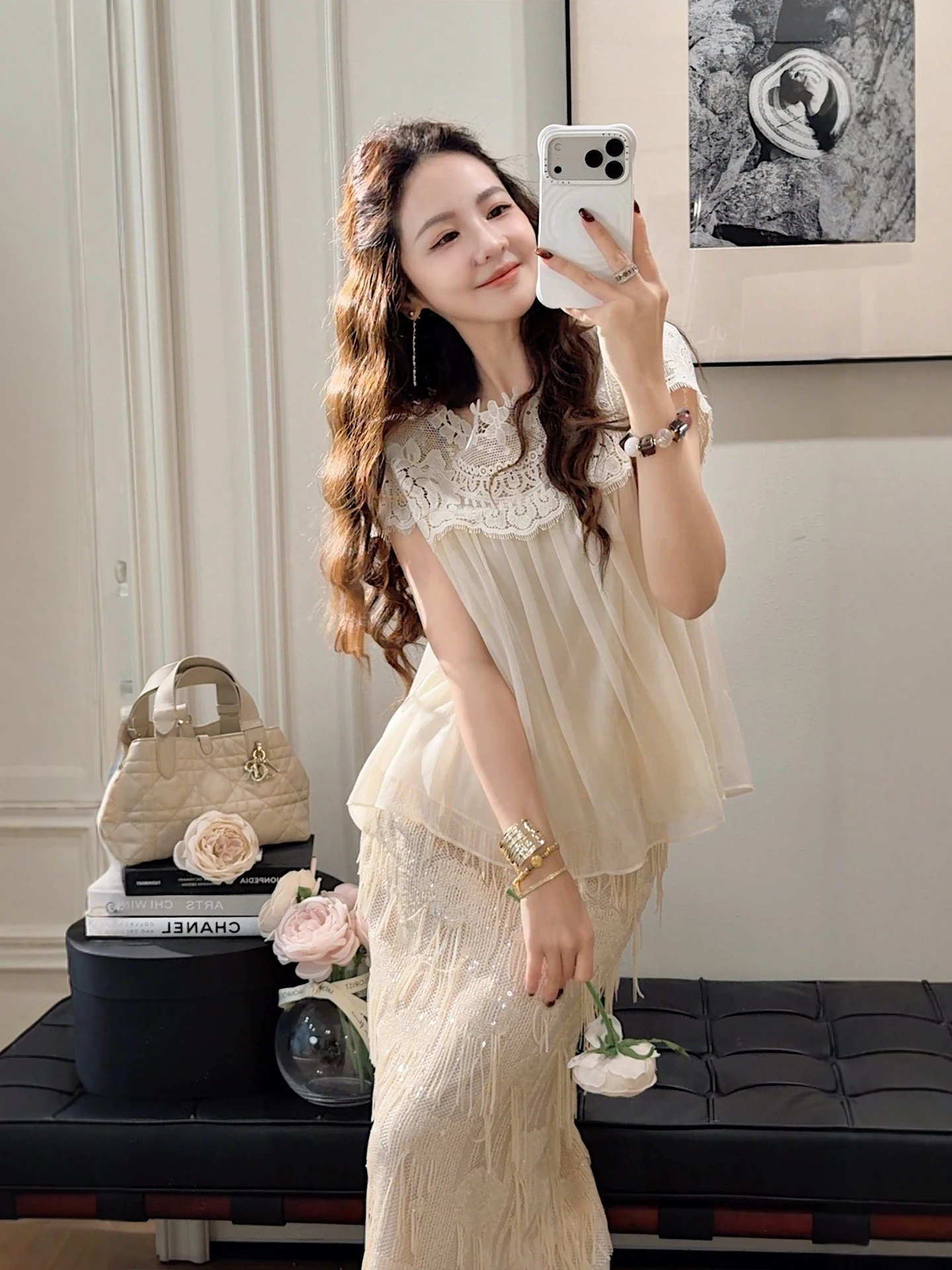 

PINZIKO Gentle Style Silk Crepe 3D Lace Patchwork Short Sleeve Women's Shirt Soft Wind Loose Fit Breathable Thin Polyester