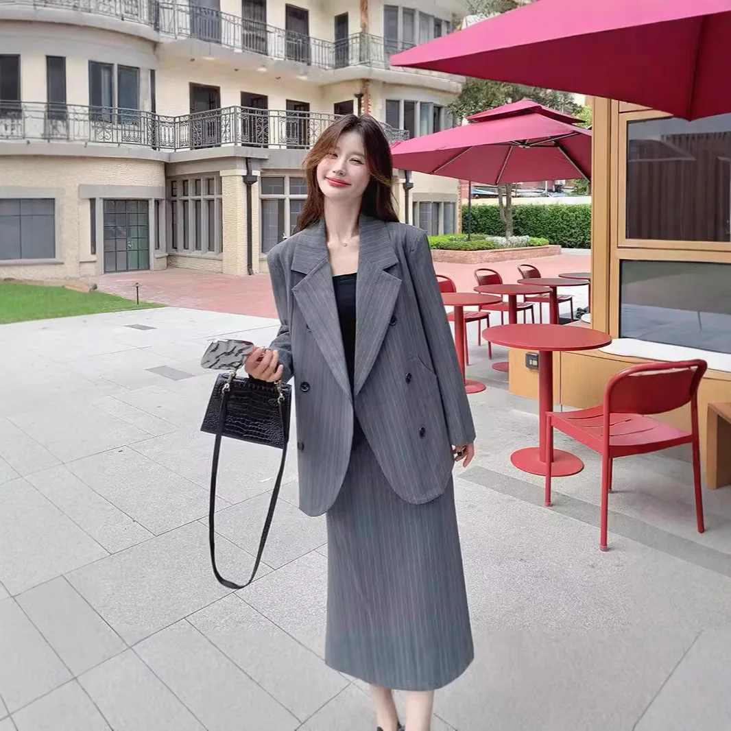 

2025 Spring Autumn Fashion Women's Solid Color Loose Casual 3 Piece Sets Long Sleeve Blazers Ankle Length Straight Skirts Female