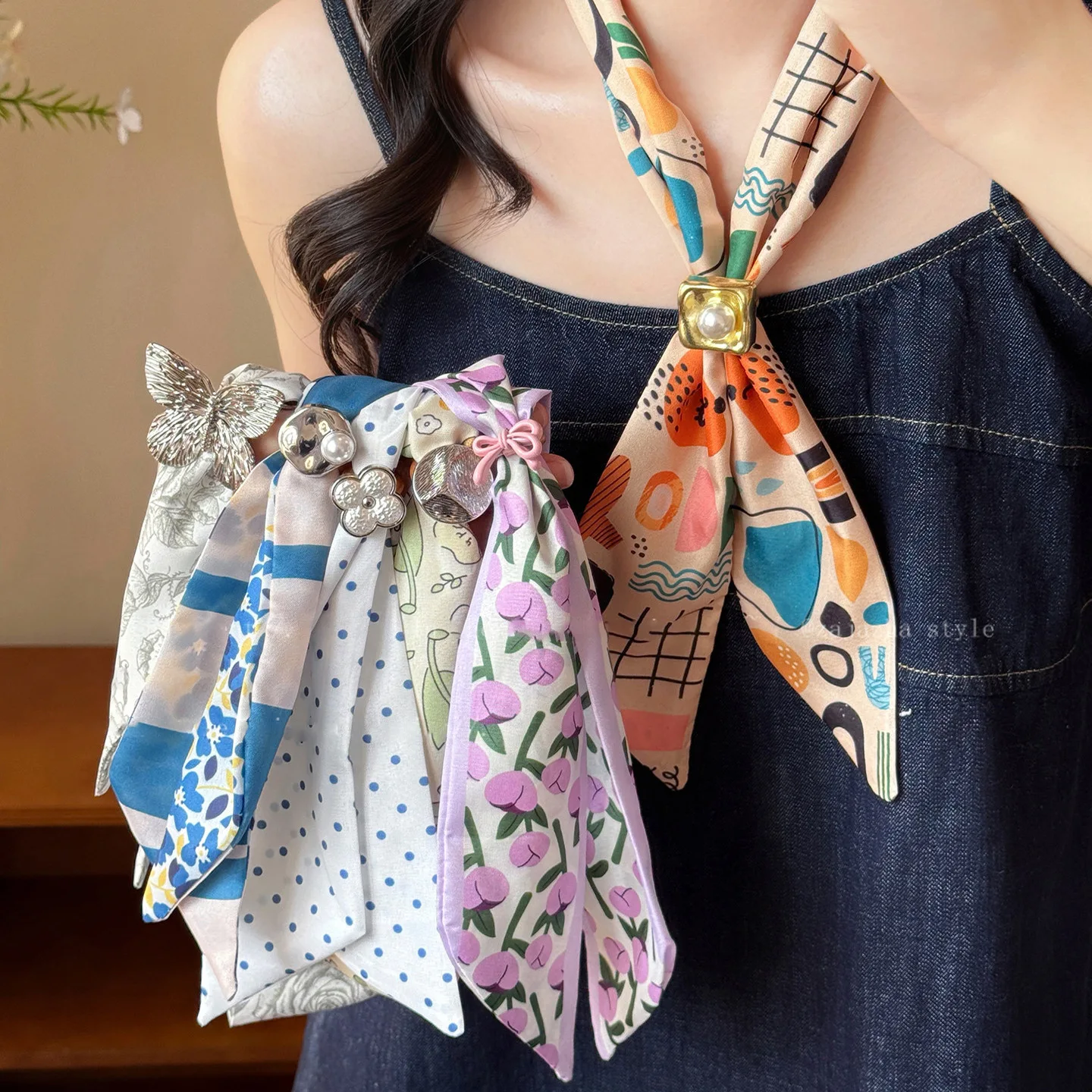 Colorful Tulip Floral Printed Silk Scarves for Women Girls Elegant Summer Polka Dot Long Scarf Traveling Decoration Accessories
