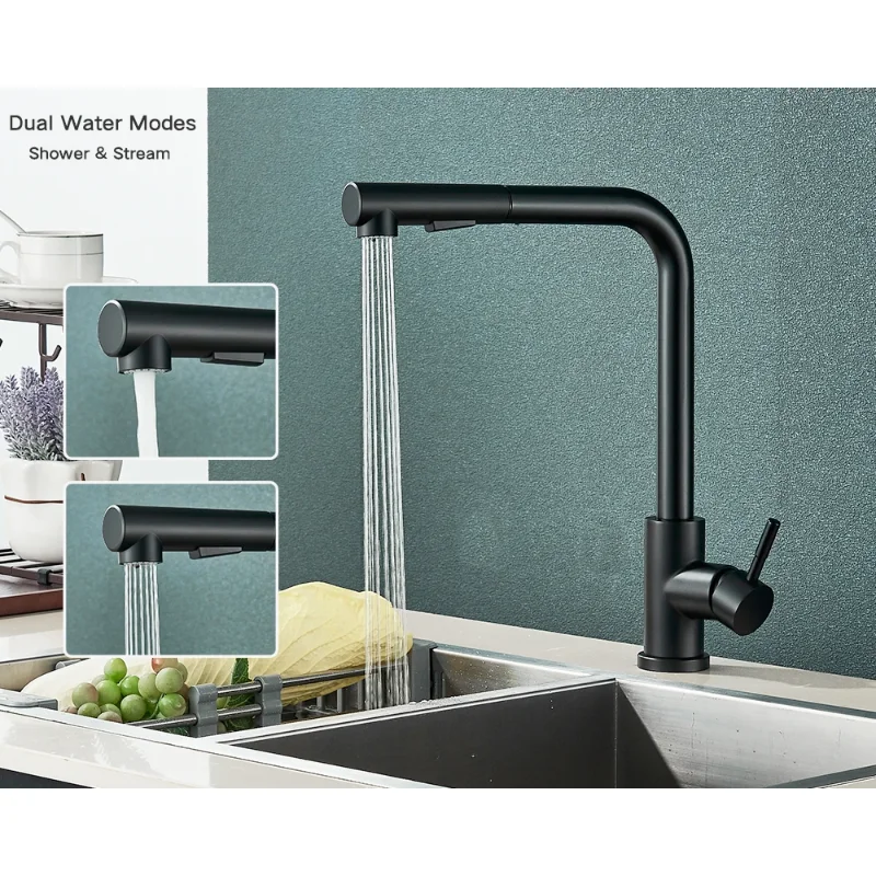 

Black Pull Out Kitchen Sink Faucet Flexible 2 Modes Stream & Sprayer Nozzle Faucets Stainless Steel Hot Cold Wate Mixer Tap Deck