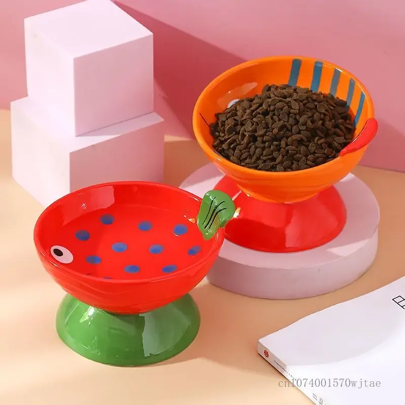 Ceramic Anti-Overturning Food Bowl, Protective Cervical Spine, High Feet, Cute Fish Pattern, Drinking Water, Pet, Dog, Cat, 1Pc