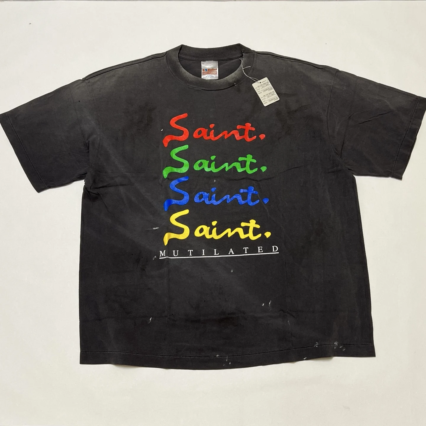 Saint Micheal Japanese  Trendy Color-Printed Lettering Round-Neck Washed Short-Sleeved Men's And Women's T-Shirt